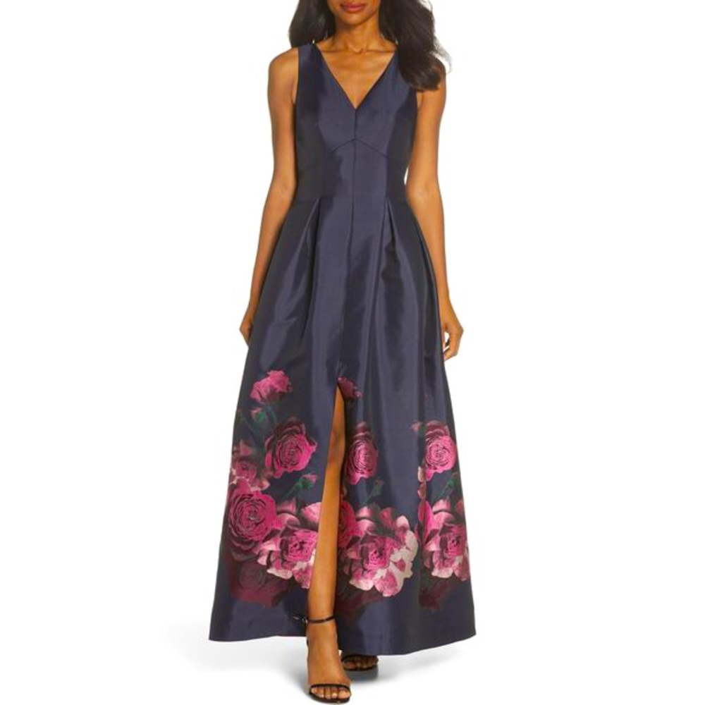 Eliza J Long Floral Taffeta Ball Gown